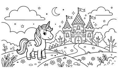Charming unicorn stands in a field before a fairytale castle under a starry night sky © Fatema