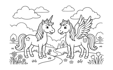 Two magical unicorns a winged horse and a unicorn standing in a meadow with flowers © Fatema