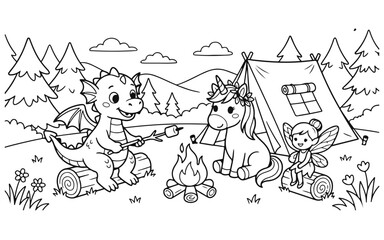 Naklejka premium Cute cartoon dragon unicorn and fairy camping together by a campfire in a forest coloring page for kids