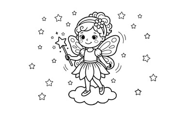 Cute little fairy girl with wings holding a magic wand standing on a fluffy cloud coloring page