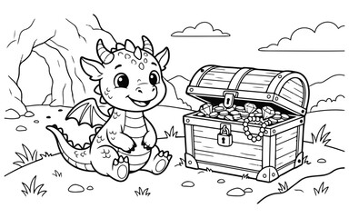 Cute baby dragon sitting next to an open wooden treasure chest filled with gold coins and sparkling gems