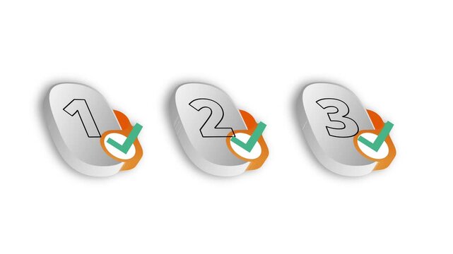 I 3D numbered steps 1 2 3 with checkmarks, completed process indicators, progress icons, three step-by-step checklist buttons.