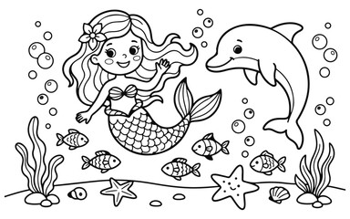 Fototapeta premium Charming black and white illustration of a mermaid swimming with a dolphin and ocean life