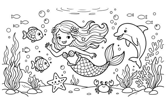 Charming black and white illustration of a smiling mermaid swimming with a dolphin and sea life