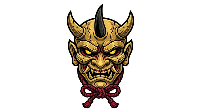 Golden Japanese demon mask vector art with sharp horns and glowing eyes