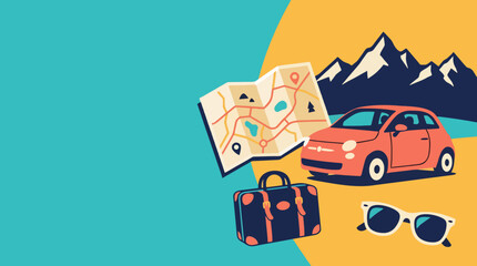 Naklejka premium Flat illustration of a red car with a suitcase, map, and sunglasses for a mountain road trip.