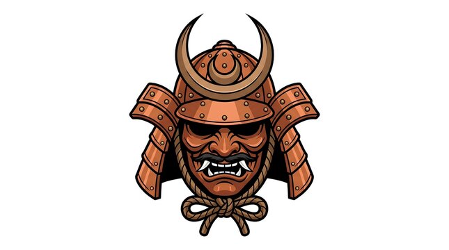Bronze samurai warrior mask with traditional helmet and crescent crest