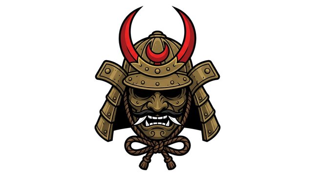 Traditional warrior helmet with mask and red horns on white background