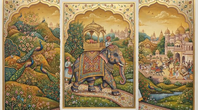 Triptych painting of traditional indian miniature art featuring a royal procession with an elephant