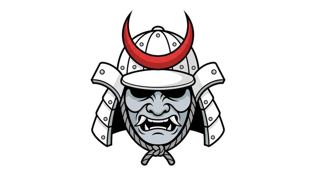 Traditional Japanese samurai warrior helmet and fierce demon mask icon