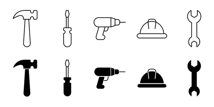 Set of construction tools icons including hammer screwdriver drill hard hat and wrench