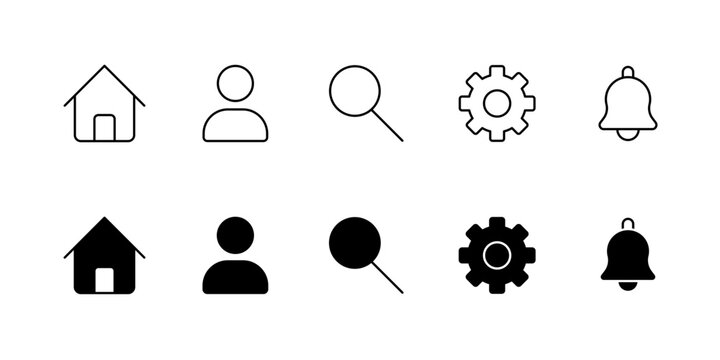 Set of outline and solid ui icons for home, user profile, search, settings, and notification