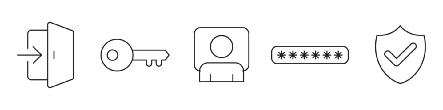 Set of thin line icons for login, key, user profile, password, and security shield verification