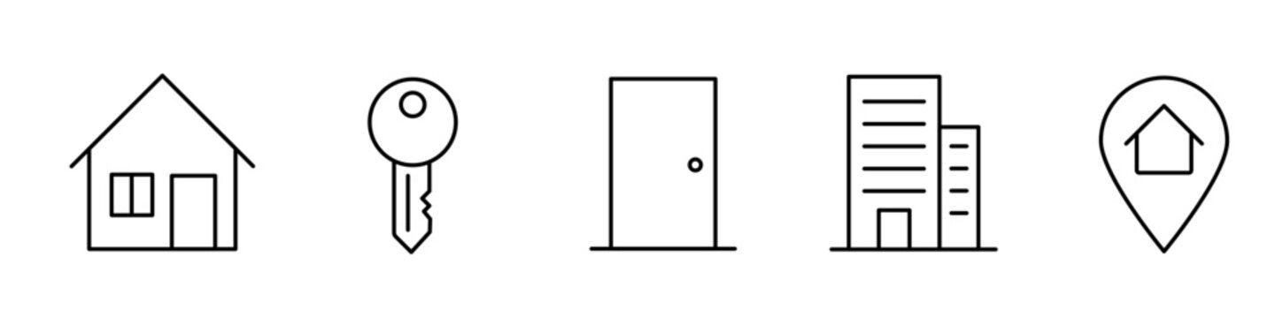Set of simple line icons representing real estate, housing, property, and home location symbols