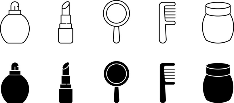 Set of beauty and cosmetic icons including perfume, lipstick, mirror, comb, and cream jar