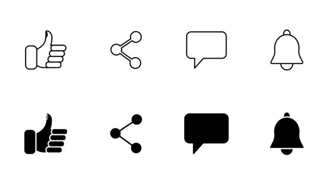 Set of social media icons including like share comment and notification bell in outline and solid styles