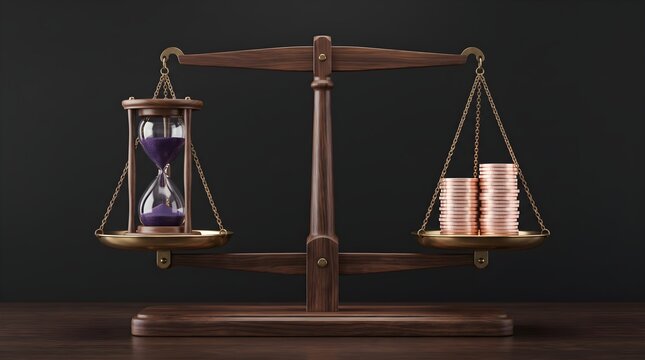 Balance scale with hourglass and coins.