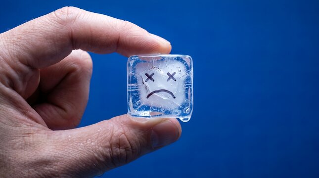 Human hand holds melting ice cube featuring sad face and cross eyes drawing against solid blue background symbolizing climate change.