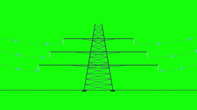 Minimalist flat vector animation of an electric power pylon with glowing energy flow on green screen background