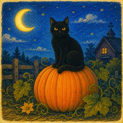 Fototapeta premium Black Cat Sitting on Giant Pumpkin Under Crescent Moon