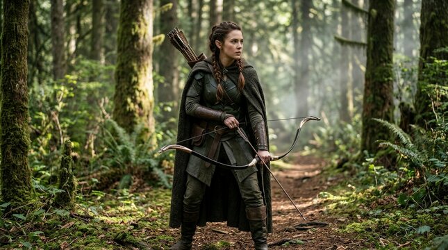 Woman archer holding bow ready in dense mossy forest