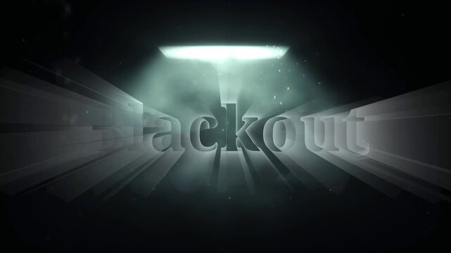 Three blue blackout text logos displayed against dark atmospheric background with glowing overhead light beams
