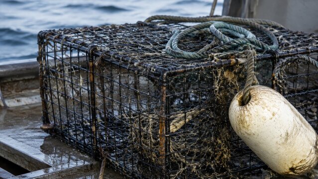 Lobster trap on deck showing a red buoy beside a weathered trap near the harbor edge in cool light