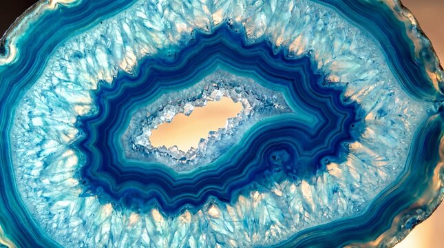 Blue agate crystal slice, macro cross section of polished geode stone, translucent mineral texture with organic wavy bands