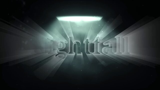 Nightfall text appears with dramatic spotlight with word nightfall appearing light emanating behind special effect