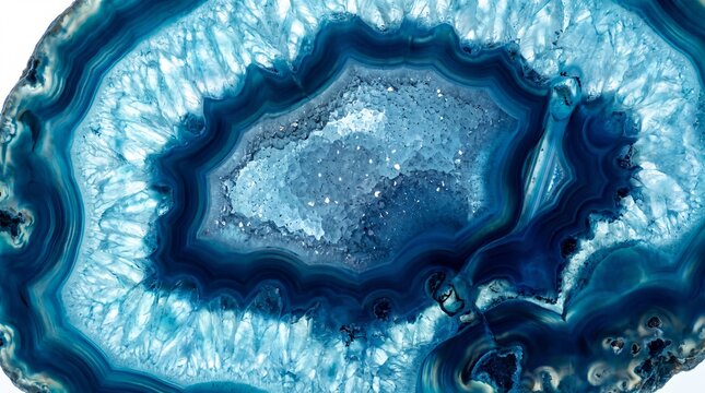 Blue agate crystal cross section, natural geode stone texture with crystalline layers, macro mineral background for luxury design