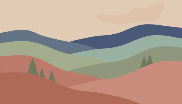 Minimalist rolling hills landscape vector illustration with layers of soft earth tones and sparse evergreen pine trees under hazy sky.