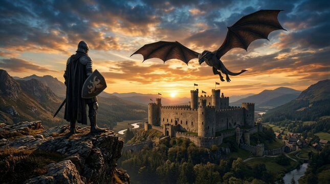 Armored knight observing flying dragon above castle at sunset