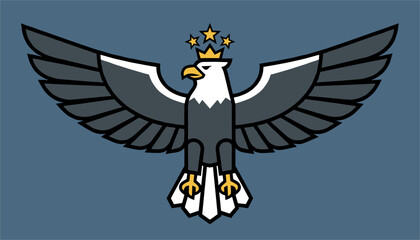 Fototapeta premium Regal bald eagle with spread wings wearing a golden crown with stars, representing patriotism, power, leadership, and heraldry.