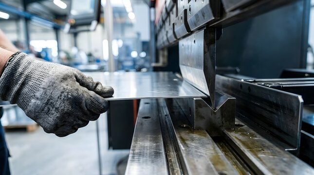 Industrial worker in protective glove operating a metal bending machine to shape a steel sheet in a professional factory workshop during the manufacturing process
