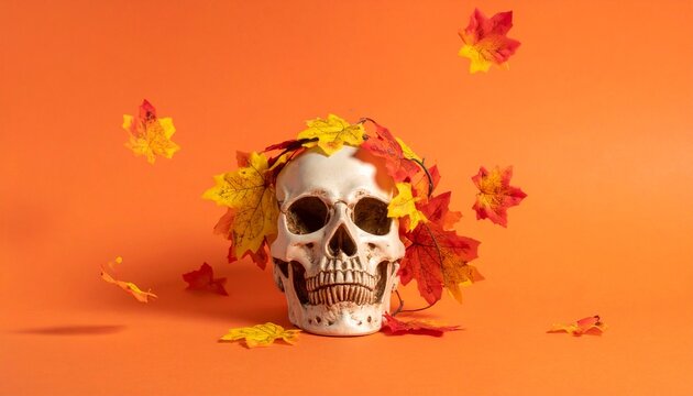 human skull autumn leaves Halloween seasonal mortality orange background