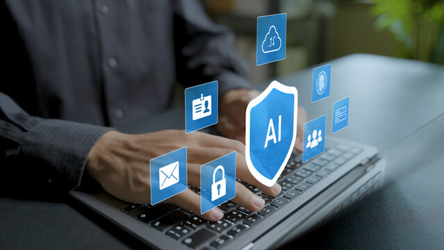 AI cybersecurity and threat protection concept. Person using laptop with artificial intelligence, shield and padlock icons, smart network defense, data privacy and cyber attack prevention.
