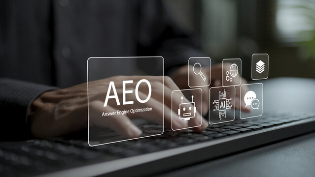 AEO answer engine optimization concept. Person typing keyboard with AI search, chat and question icons, voice search optimization, AI answer ranking and digital marketing strategy.