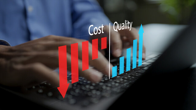 Reduce costs and increase quality concept. Person using laptop with cost cutting, upward growth and quality badge icons, business efficiency, profit optimization and performance.