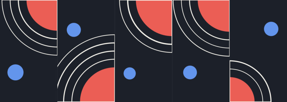 Abstract geometric composition with red quarter circles and blue dots