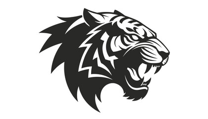 Obraz premium Powerful black and white vector illustration of a roaring tiger head showing fierce facial expression and stripes.