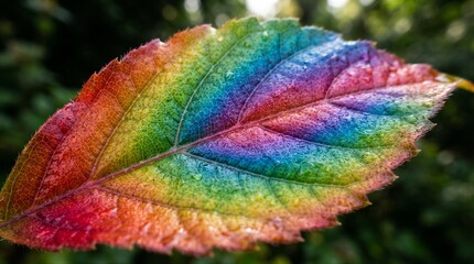 Fototapeta premium Single leaf displaying rainbow pigments on blurred background