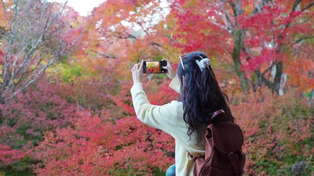 Solo female traveler enjoying and taking photos of the peaceful autumn foliage at a Zen temple in Kyoto, Japan