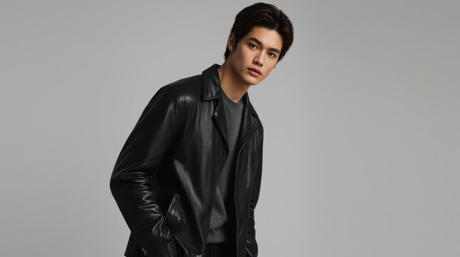Asian man wearing black leather jacket in studio with confident expression and gray background