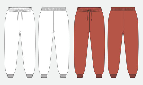 Men's Joggers flat sketch,  Sweatpants Full Length Rib Cuff, Workout Gym Travel Wear, front and back view editable vector.