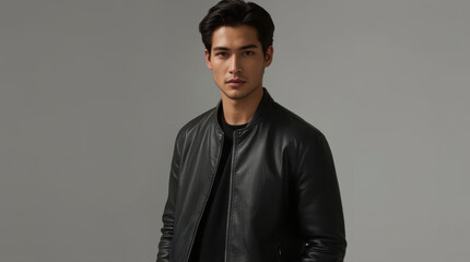 Fototapeta premium Asian man wearing plain black leather jacket in studio portrait with calm expression