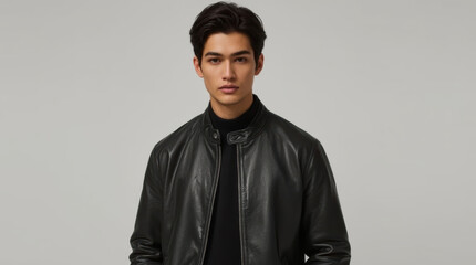 Obraz premium Asian man wearing black leather jacket in studio portrait
