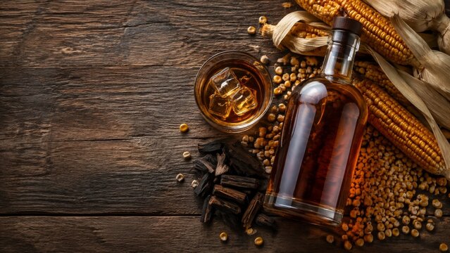 Bottle of bourbon with corn showing an amber bottle beside corn cobs and barrels on dark wood view