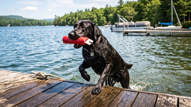 Black Labrador retriever jumping off a wooden dock into a lake with a red toy in its mouth.