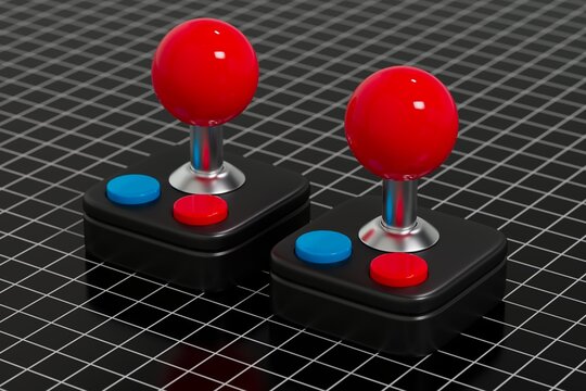 Pair of retro arcade joysticks on black perspective grid floor 3D computer generated