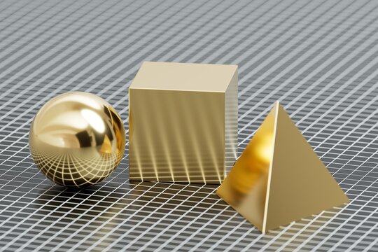 Gold geometric sphere cube and pyramid on black wireframe grid 3D computer generated